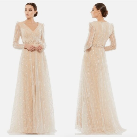 MAC DUGGAL 67859 LONG SLEEVE SILVER SEQUINS CHAMPAGNE GOWN  sz 14 - Picture 1 of 4